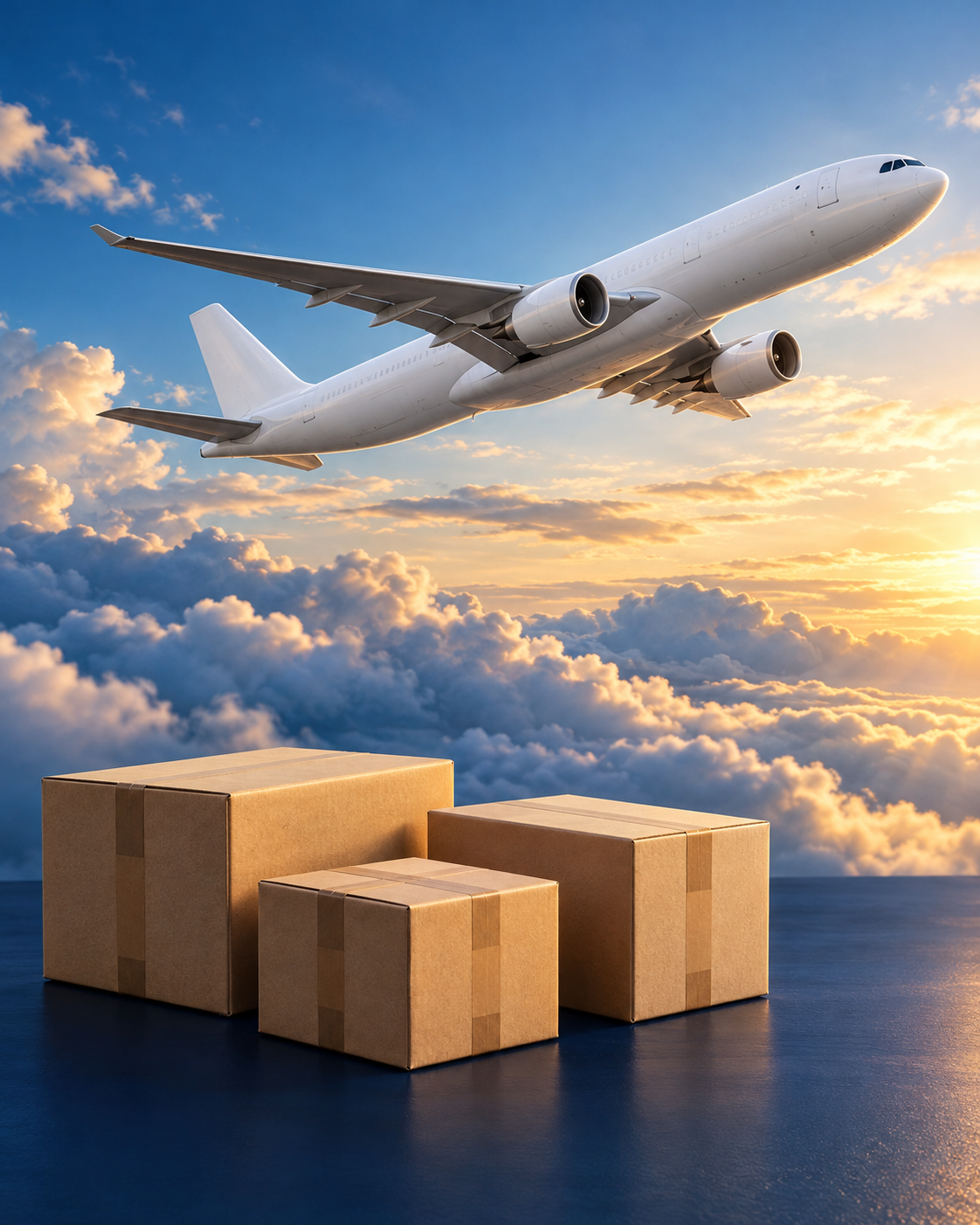 Airplane in flight above neatly sealed shipping packages